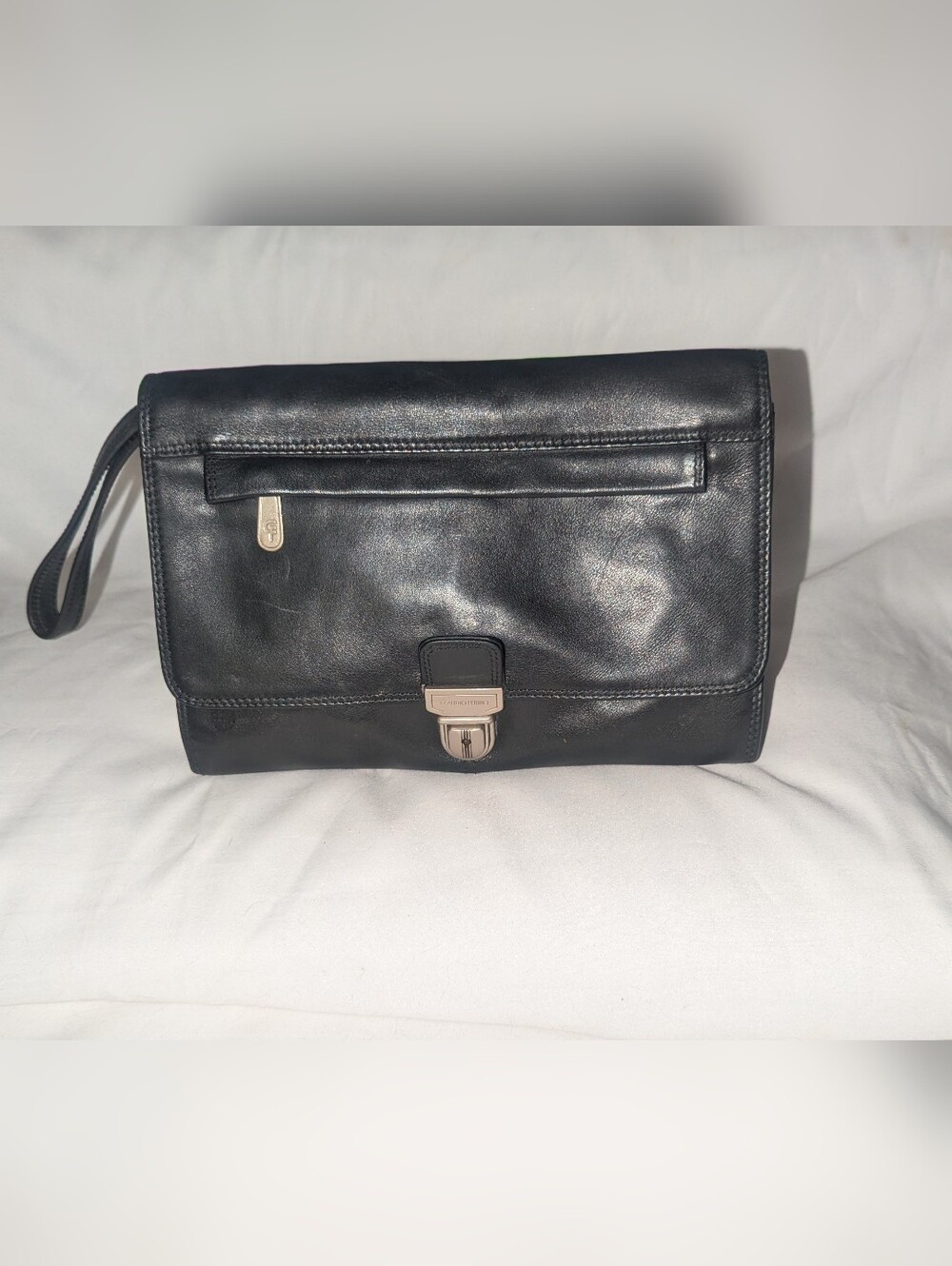 Claudio Fericci Black Leather Organizer Clutch Wristlet with Silver Hardware